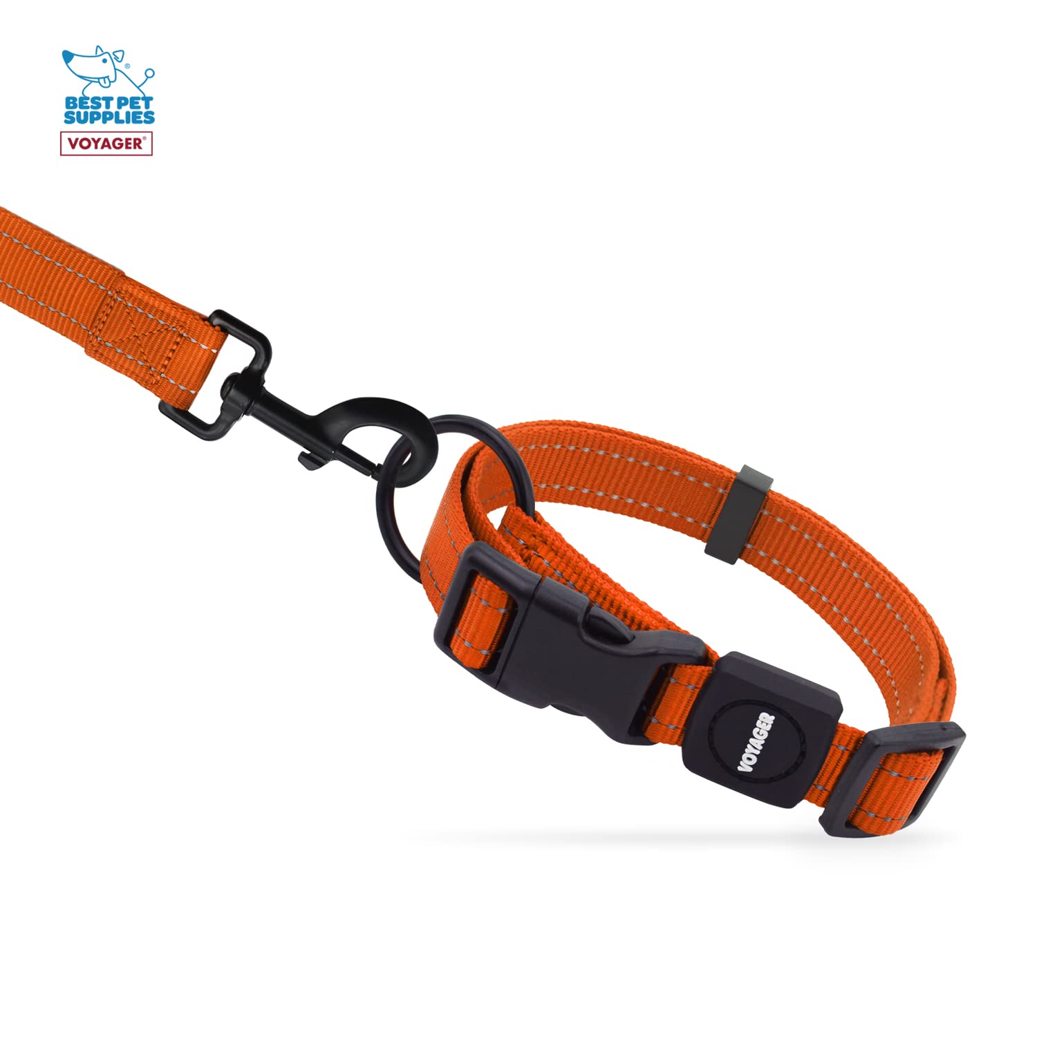 Voyager Reflective Dog Leash Collar Set With Neoprene Handle Supports Small, Medium, And Large Breed Puppies, Cute And Heavy Duty For Walking, Running, And Training - Orange, S