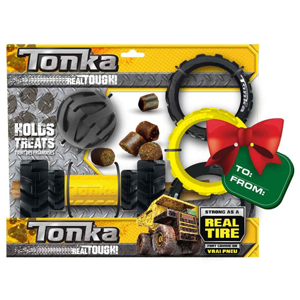Tonka Three Dog Toy Gift Set - 3In Mega Ball, 7In Axle Tread With Insert Feeder, And 10.5In Rubber Flex Tread 3-Ring Tug - Yello