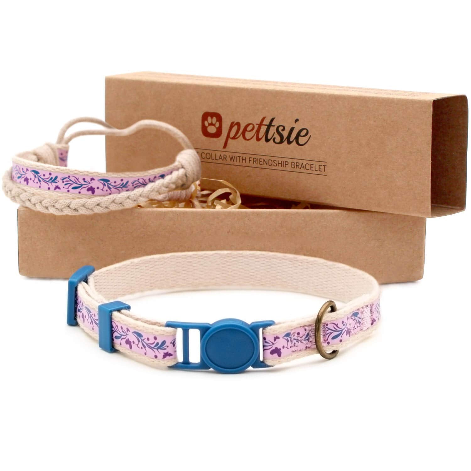 Pettsie Kitten Collar Set, Breakaway Safe Buckle, Matching Friendship Bracelet, Soft Cotton For Sensitive Skin, D-Ring For Accessories, Carton Box, Easy Adjustable 5-8 Inches Neck, Purple