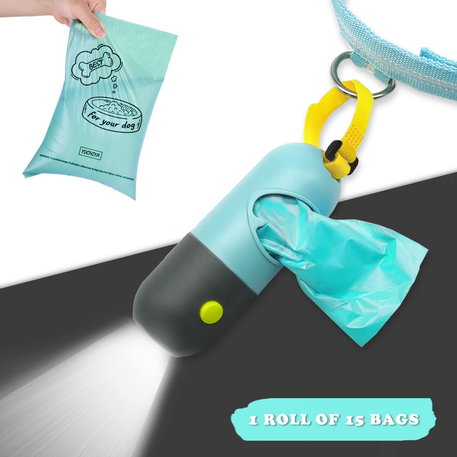 YUCHIYA Dog Poop Bag Dispenser with Flashlight, Leash Clip, Straps, 1 Roll, Acrylic, Crystal Blue