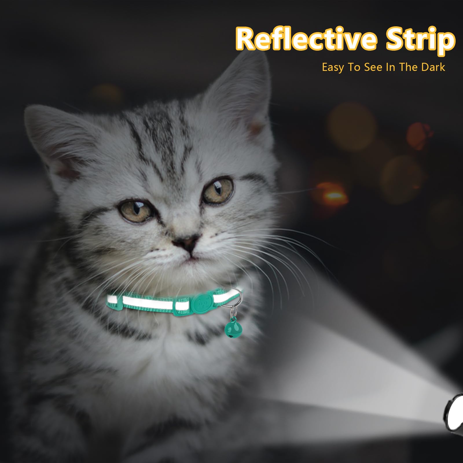 Taglory Reflective Cat Collars Breakaway With Bell, 2 Pack Girl Boy Pet Kitten Collar Adjustable 6-8 Inch, Turquoise