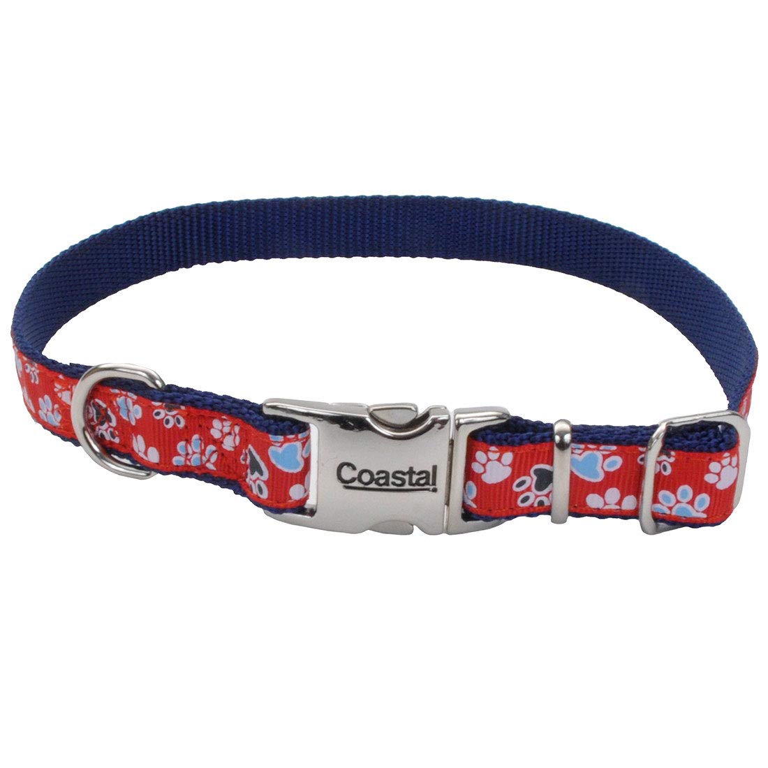 Coastal Pet - Ribbon - Adjustable Dog Collar With Metal Buckle, Red With Paws, 5/8' X 08'-12'