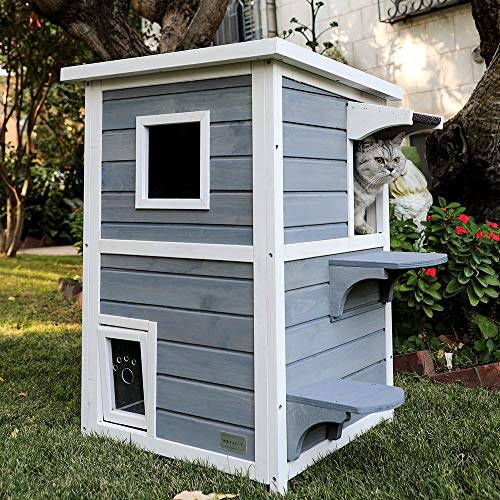 Petsfit Outdoor Cat House, 2 Story Outside Cat Shelter Condo Enclosure With Escape Door For Stray Feral Cats Weatherproof