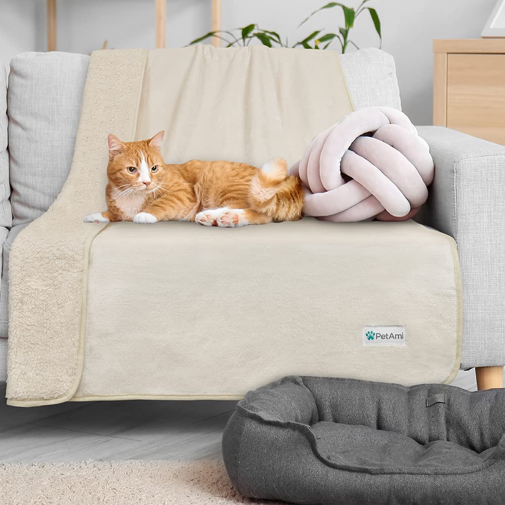 Petami Waterproof Dog Blanket For Medium Large Dogs, Pee Proof Pet Blanket Sherpa Fleece Couch Cover, Reversible Cat Throw Bed Sofa Protector, Soft Plush Washable Pad (Large 40X60, Beige)