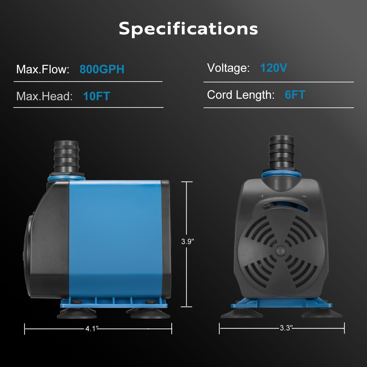 TONGCHANT 800GPH Adjustable Flow Water Fountain Pump Outdoor with 3 Nozzles (1/2, 5/8, 3/4), 60W Ultra-Quiet Fish Tank Pump, 10f
