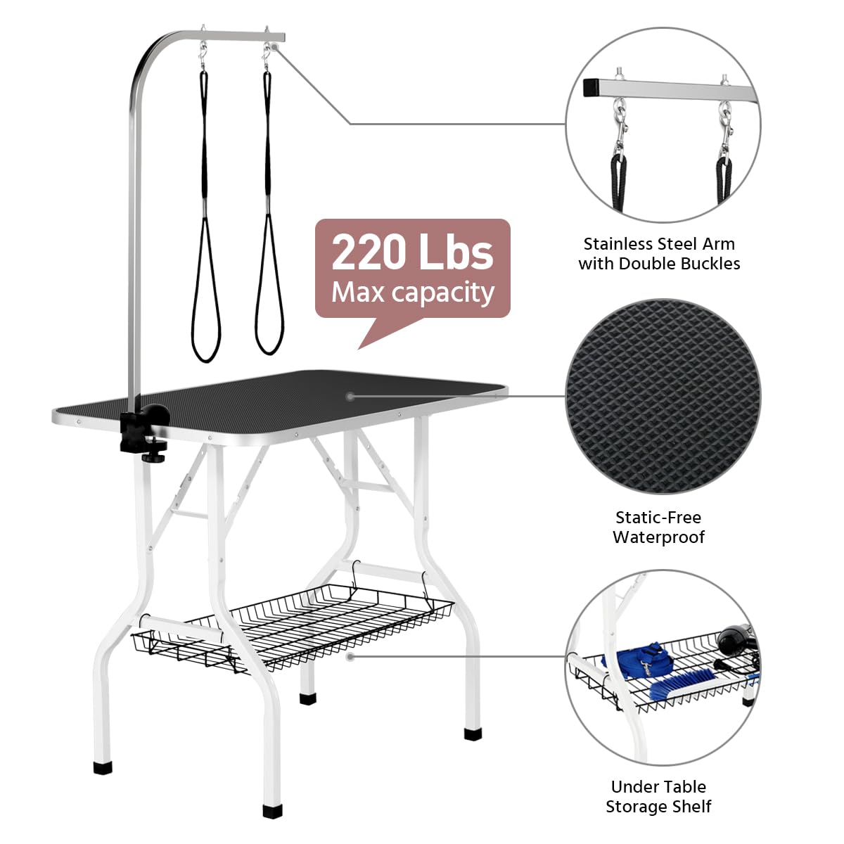 Yaheetech Professional 36-inch Foldable Pet Grooming Table with Arm & Noose & Mesh Tray, Maximum Capacity Up to 220lbs