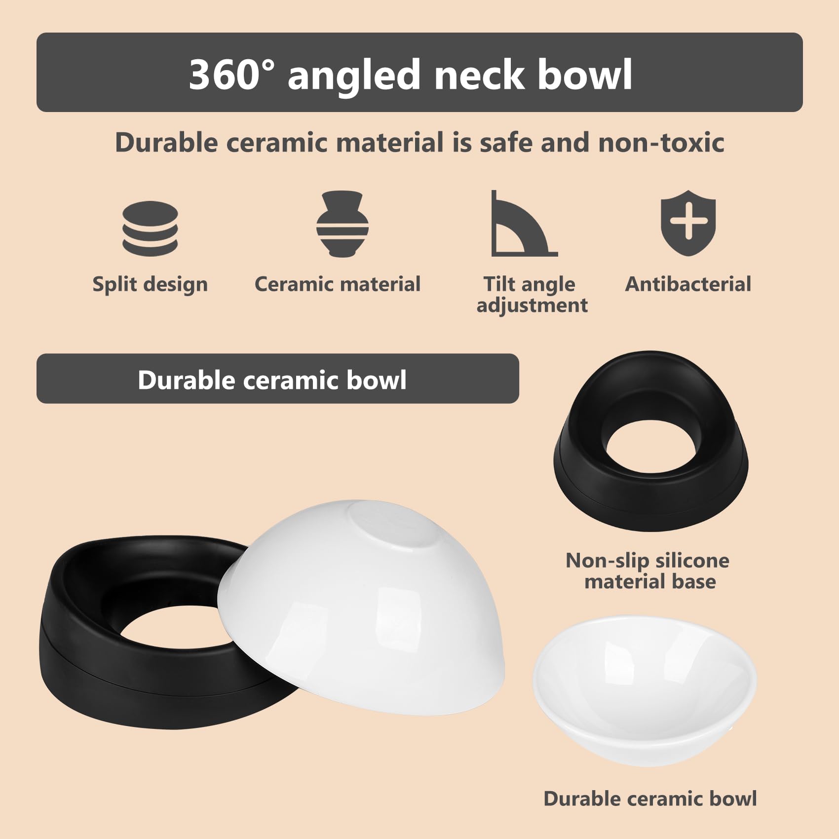 Bulldog Bowl Anti-Slip Dog Cat Dish Detachable Rubber Dog Bowl Pet Sterile Tilted Pet Feeder Slope Base (Black(White Ceramic Bow