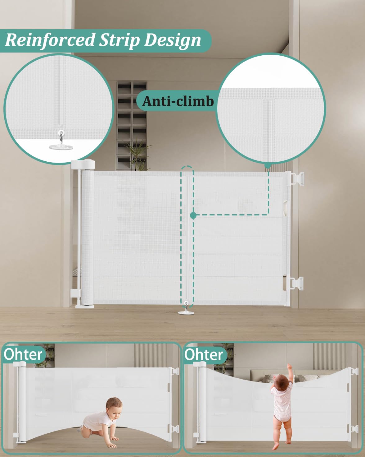 Miumoon 50 inch Retractable Baby Gates 34 inch Tall, Retractable Gate with Reinforced Strip Design to Prevent Crawling Through,