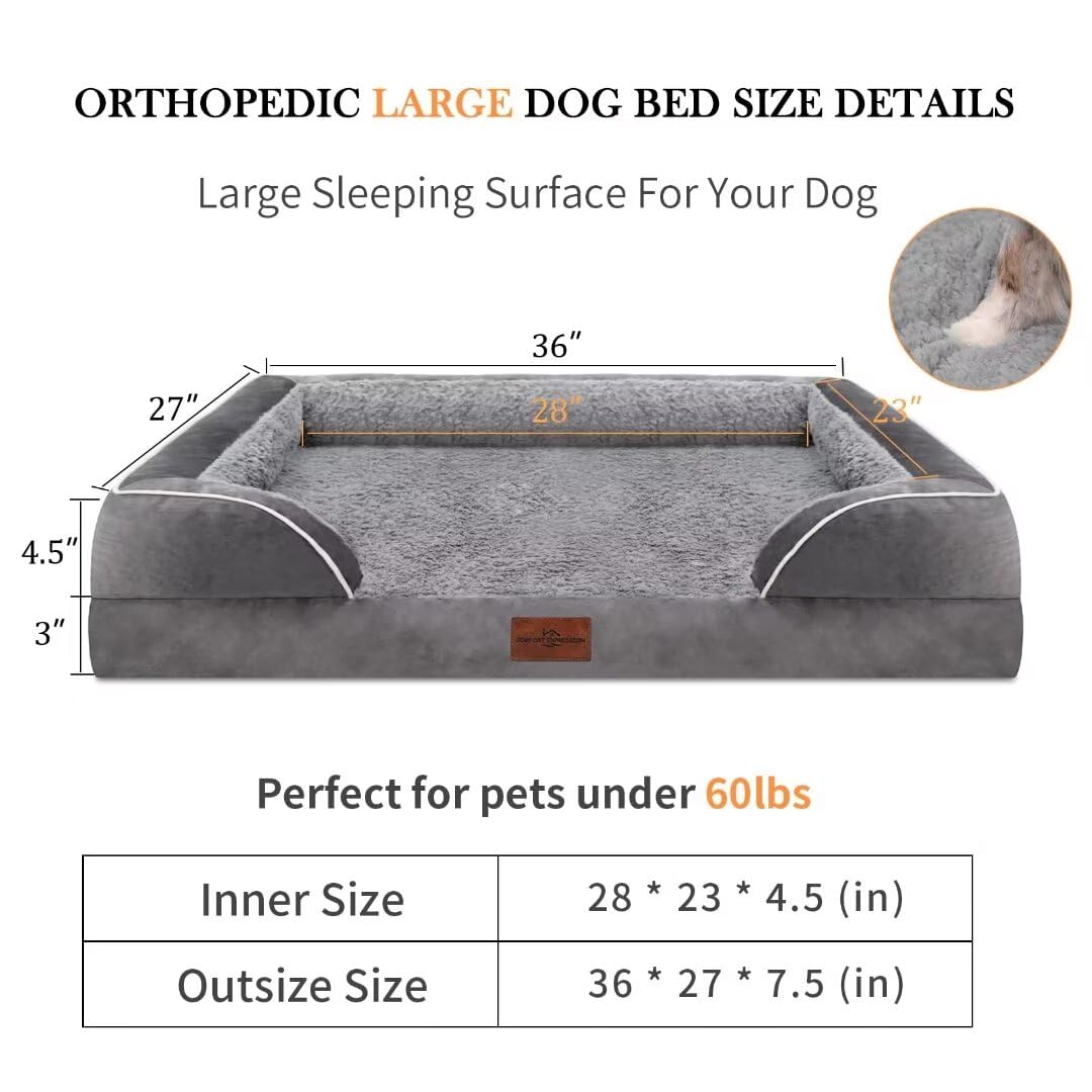 Comfort Expression Cooling Dog Bed For Large Dogs, Orthopedic Memory Foam Dog Bed, Waterproof Dog Beds, Washable Dog Bed With Removable Cover,Pet Bed Dog Sofa With Bolster(Large,Silver Grey)