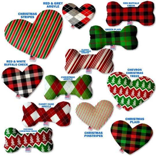 Pet and Dog Plush Heart or Bone Toy, &quot;Christmas Patterns Group&quot; (Available in different sizes, and 11 different pattern options!) Candy Cane Stripes 6&quot; Plush Bone