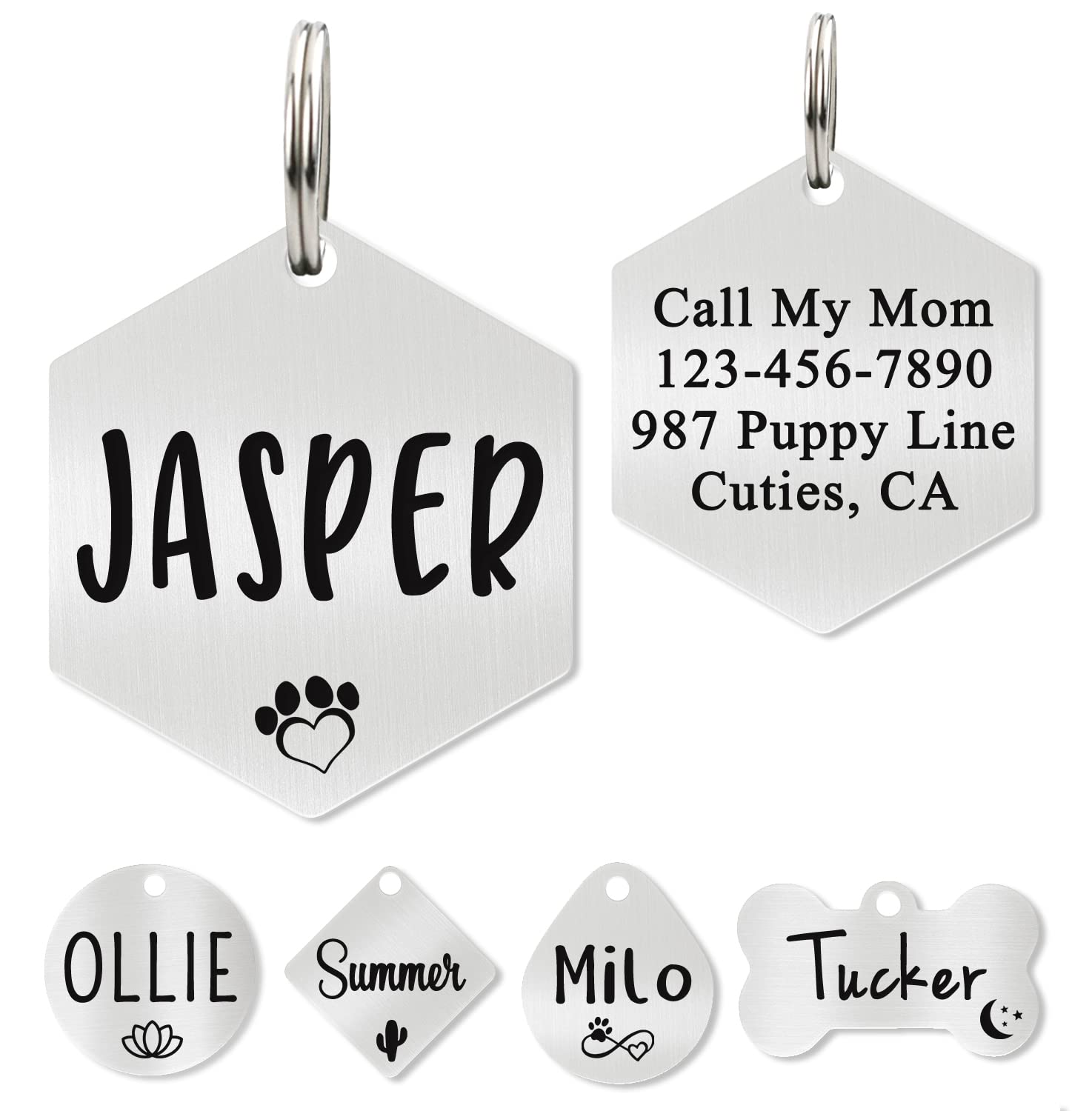 Ultra Joys Dog Id Tag, Custom Dog Tag, Personalized Dog Tag, Dog Tag, Pet Id Tag, Dog Tag For Dogs, Brushed Stainless Steel Hexagon Dog Tag Silver Large