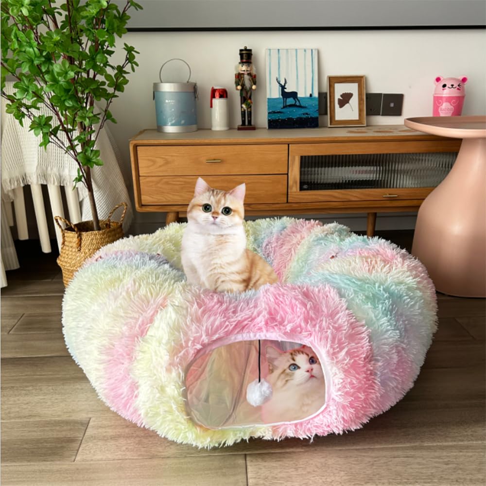 Mabaytir Cat Tunnel Bed for Indoor Cats Colorful Plush, Collapsible PlayTube with Removable Cushion, Sturdy Cat Toy Playhouse, S