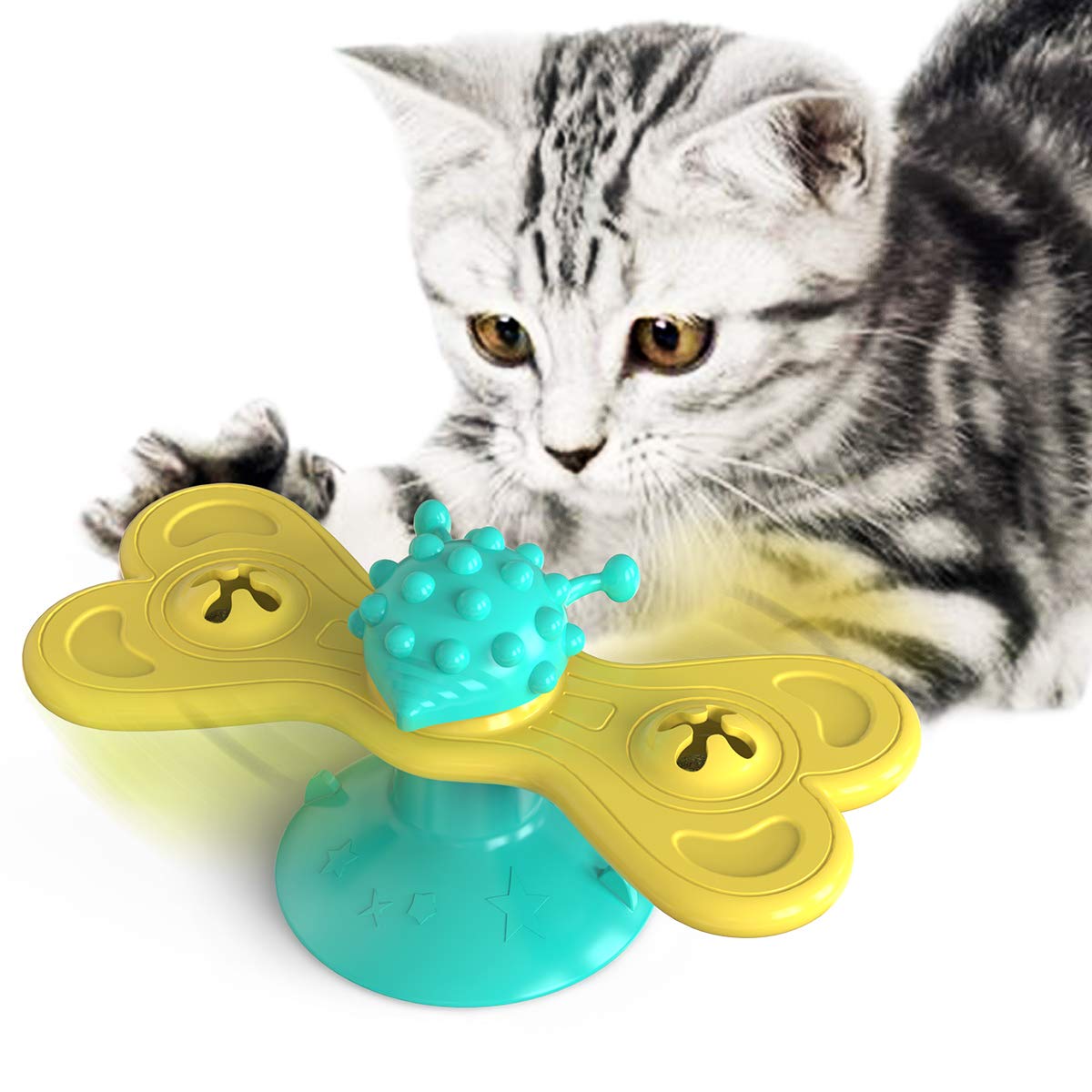 Woofy Windmill Cat Toy With Catnip & Bell  Interactive Suction Cup With Teeth Cleaning Brush | Spinning Toy For Cats & Kittens 