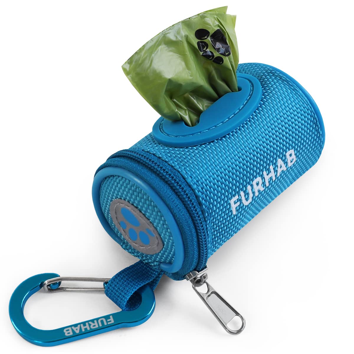 Furhab Dog Poop Bag Holder For Leash Doggie Waste Bag Dispenser Soft Fabric Puppy Potty Carrier Small Doggy Zipper Pouch With Carabiner Clip 1680D Nylon Oxford With 1 Roll Of Pet Trash Bags, Sky Blue