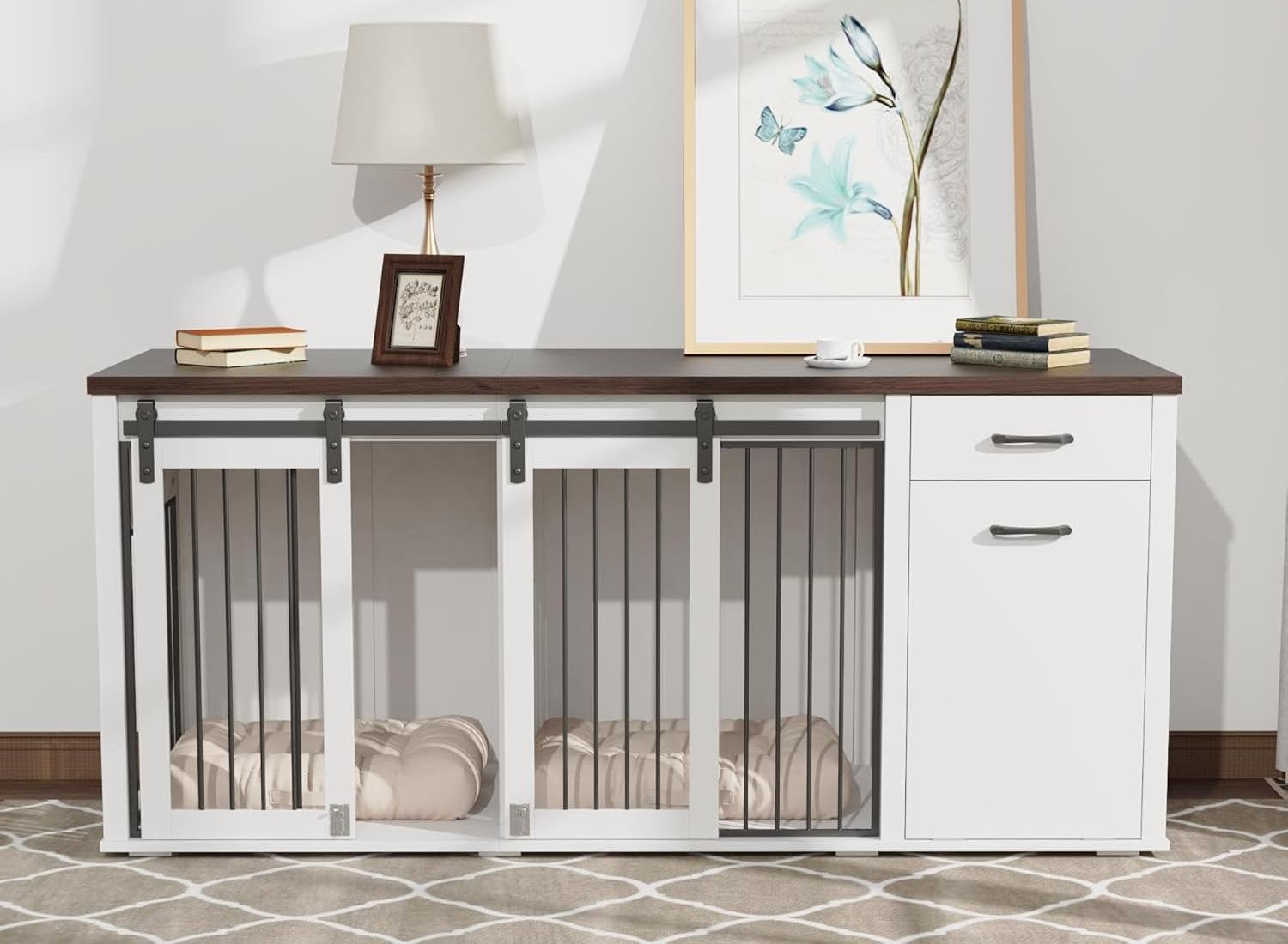 71  Large Dog Crate Furniture for 2 Dogs, Wooden Dog Kennel with Drawer, Furniture Style Dog Crates, Decorative Dog Crate with T