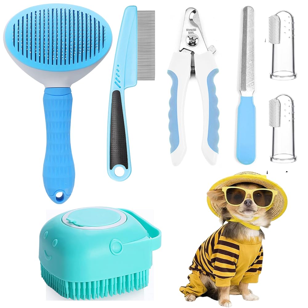 Qubccum 7Pcs Pet Grooming Kit, Self-Cleaning Brush Shedding Kit With Nail Clipper, Flea Comb, Shampoo Bath Brush, Finger Toothbr