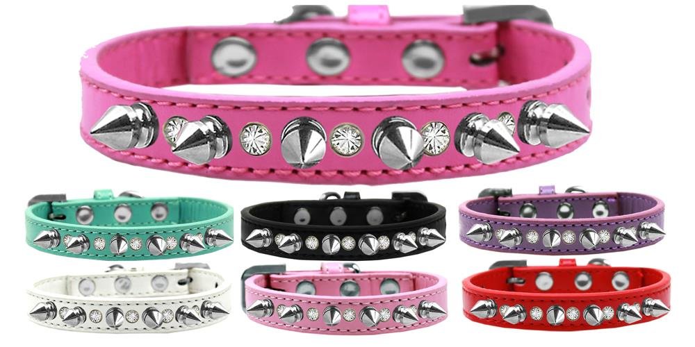 Mirage Pet Products Crystal And Silver Spikes Dog Collar Size 12 Bright Pink