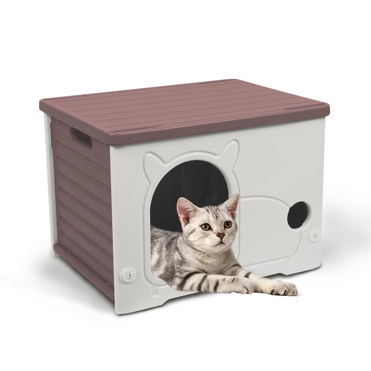 Pempet Plastic Outdoor Cat House Waterproof Feral Cat Shelter(Coffee)