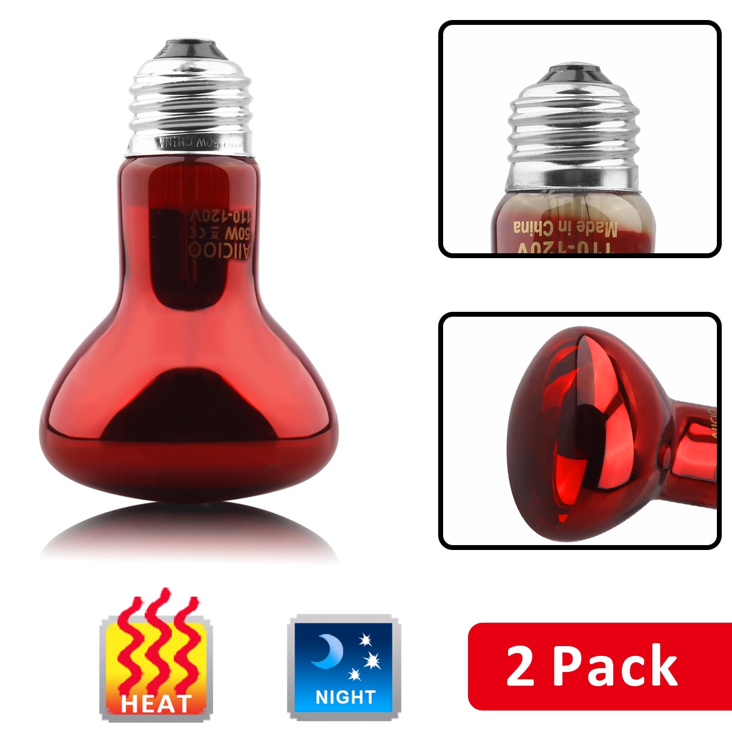 Aiicioo Reptile Red Light Bulb - Reptile Heat Lamp Bulb Infrared Basking Spot Lamp For Bearded Dragon Lizard Turtle Hermit Crab
