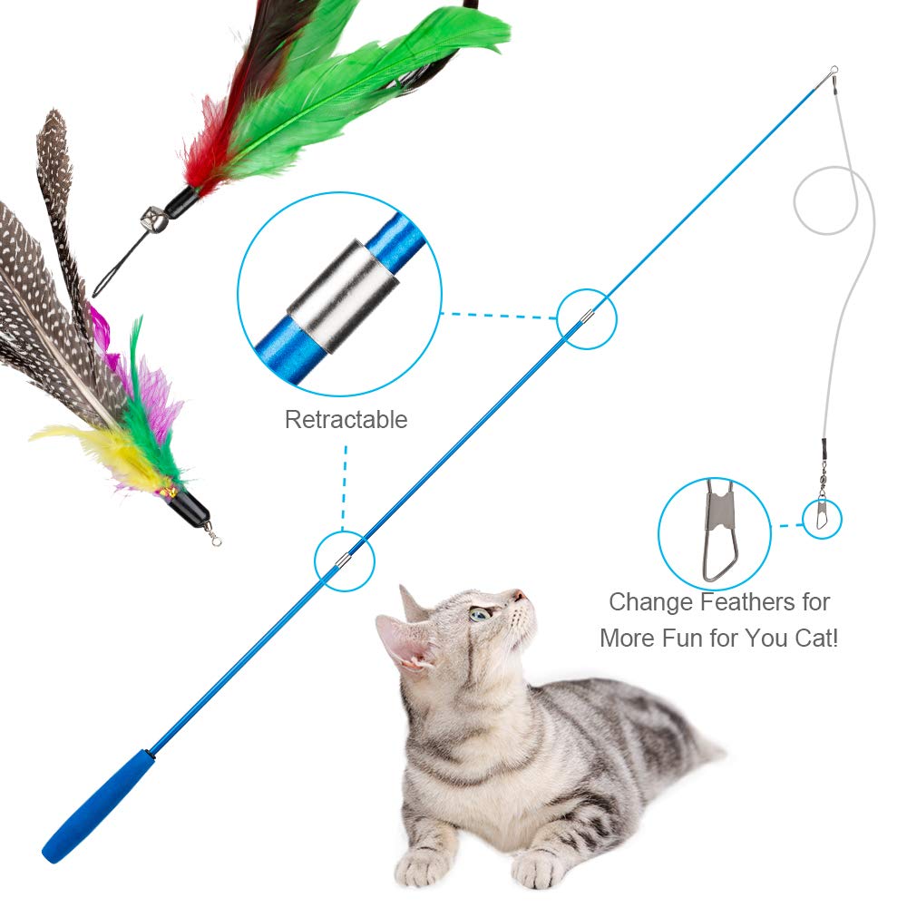 Jiaron Cat Toys Feather Toy, 2Pcs Retractable Wand And 10Pcs Replacement Teaser With Bell Refills, Interactive Catcher And Funny