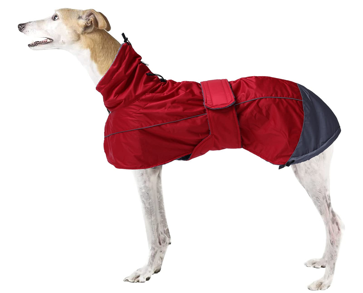 Greyhound Lurcher Winter Coat, Whippet Jacket With Padded Fleece, Water Resistant Dog Snowsuit With Adjustable Bands And High Reflective Be Safety - Red - Xsmall