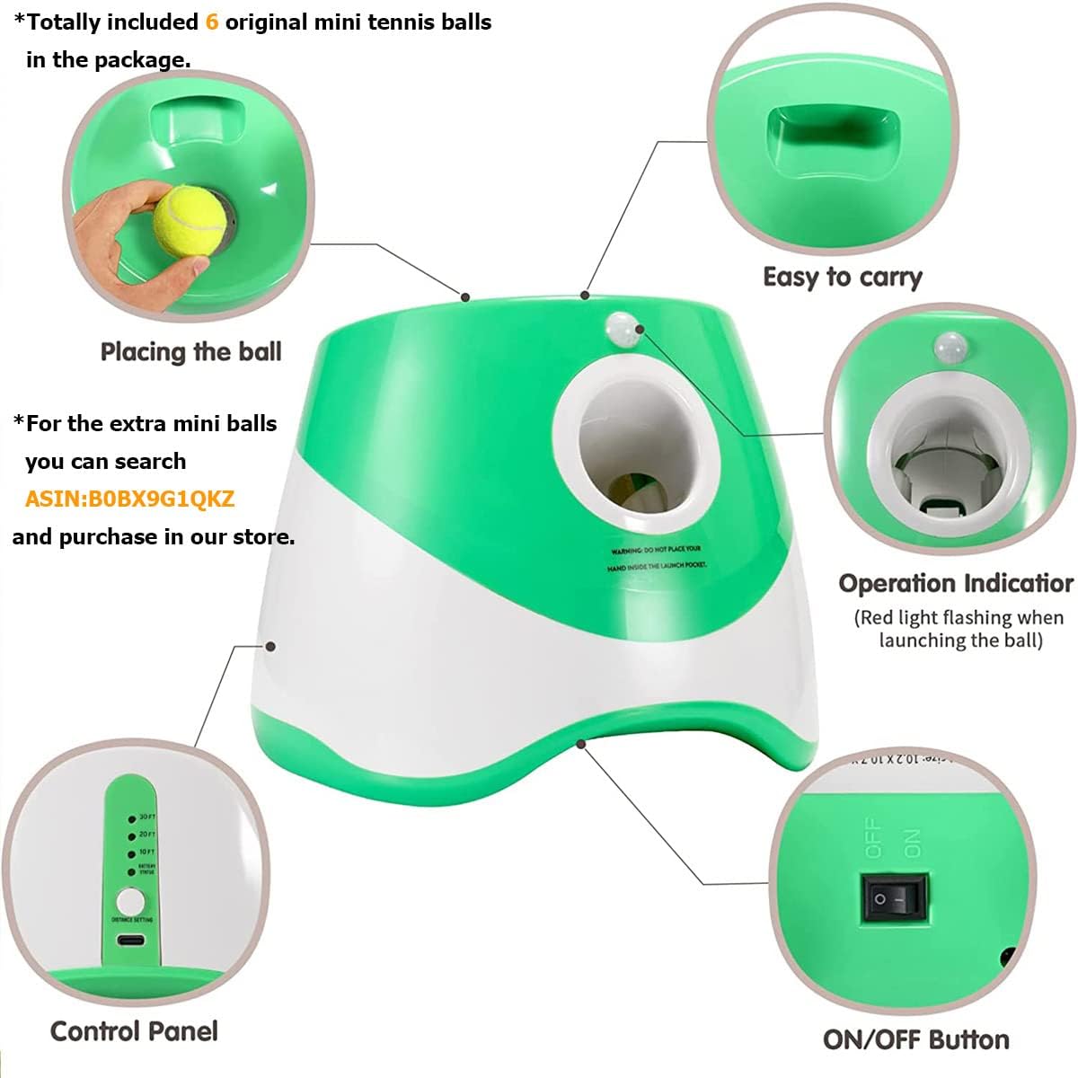 SOCO Automatic Ball Launcher for Small Dogs, USB Rechargeable, 10-30 Ft Range, Green, Includes 15 Mini Tennis Balls, Model ATBLG15
