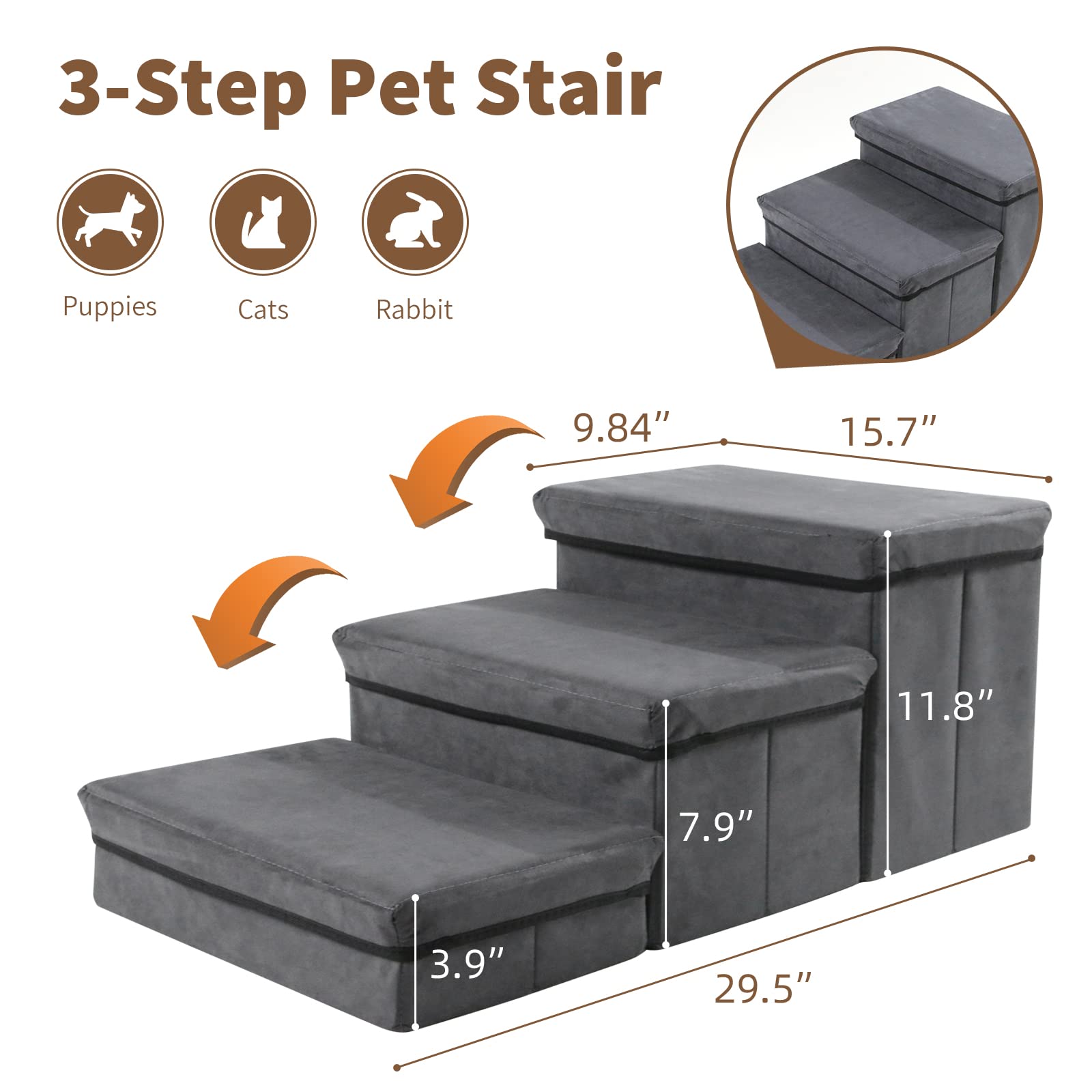 Foldable Dog Stairs/Steps 3-Tier Pet Steps Storage and Adjustable Steps for Small Medium Dogs Pet Steps Storage Stepper for High