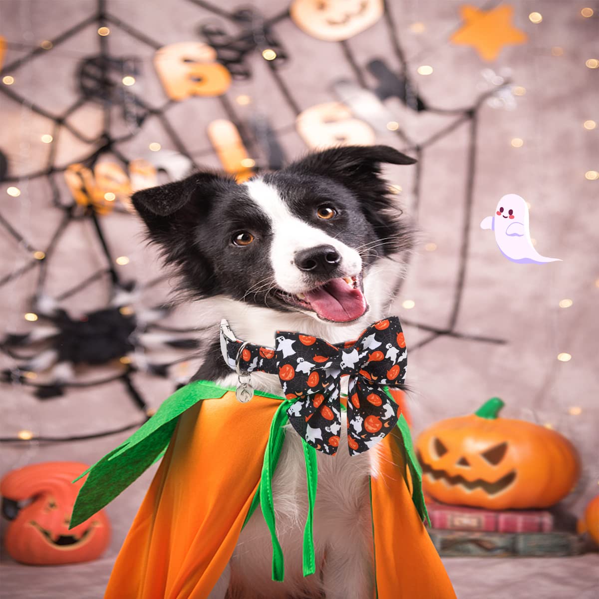 Halloween Ghost Black Dog Collar With Sailor Bow Tie Adjustable Pet Collars, Soft Comfy Halloween Themed Pet Collar, Fall Dog Co