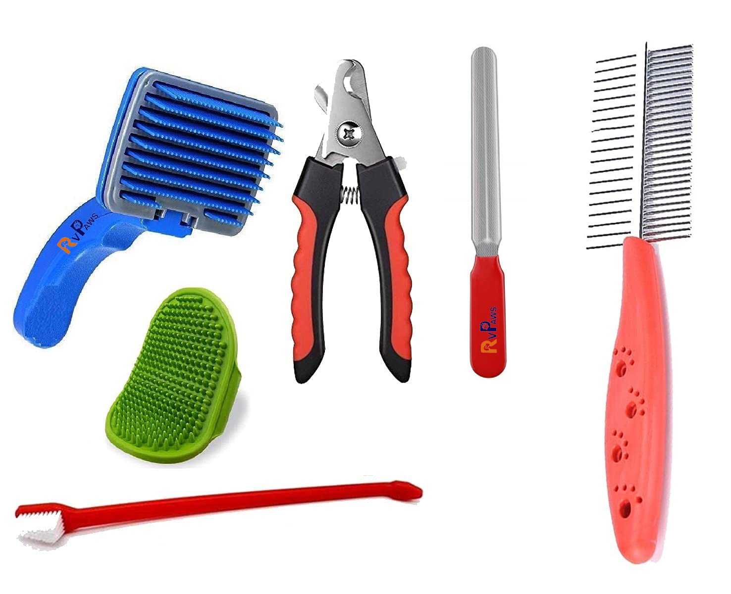 RvPaws 6 in 1 Dog Grooming Kit Bath Brush| | Toothbrush | Double Side Comb | Nail Cutter Small | Nail Grinder | Pet Spa Kit