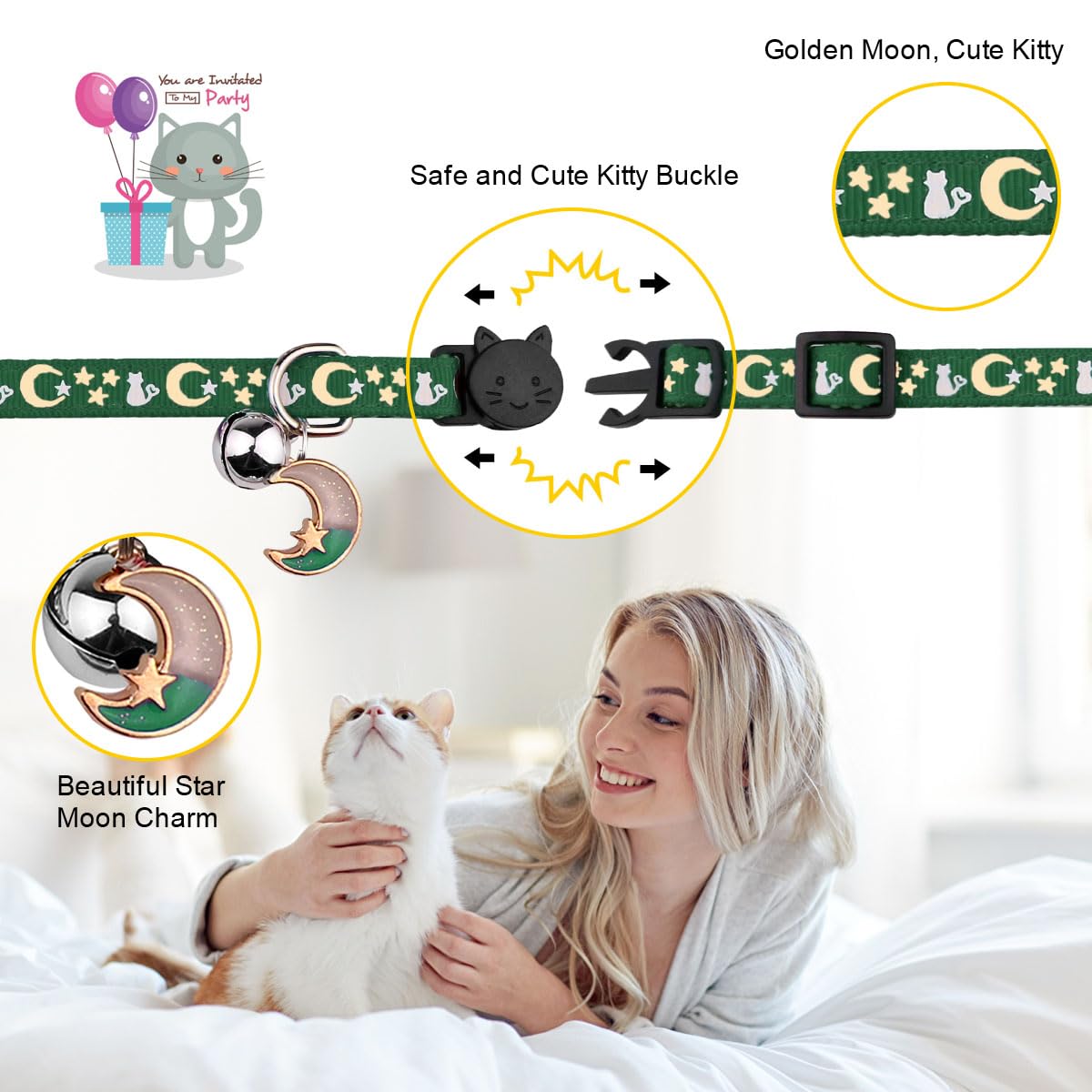 2Pcs Breakaway Cat Collars With Bell Cute Kitty Glow In The Dark Adjustable Kitten Collars(Deep Green&Black)
