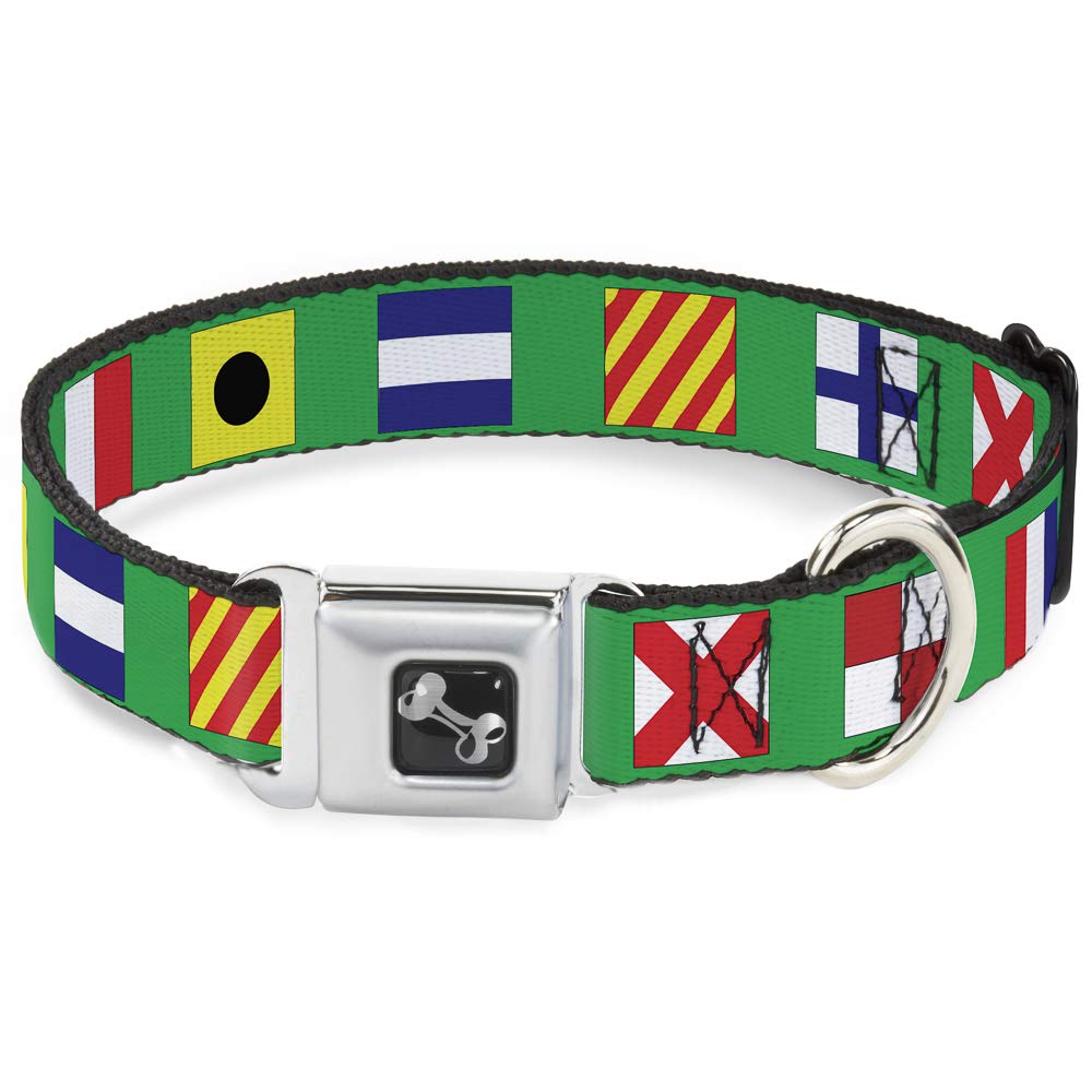 Dog Collar Seatbelt Buckle Nautical Flags Green Multi Color 9 To 15 Inches 1.0 Inch Wide