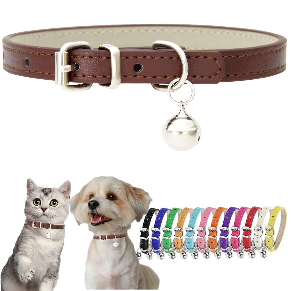 Brown Xs Dog Collar With Bell Leather Puppy Collar With Bell Adjustable Buckle Kitten Cat Collars For Xxsmall Xsmall Tiny Little
