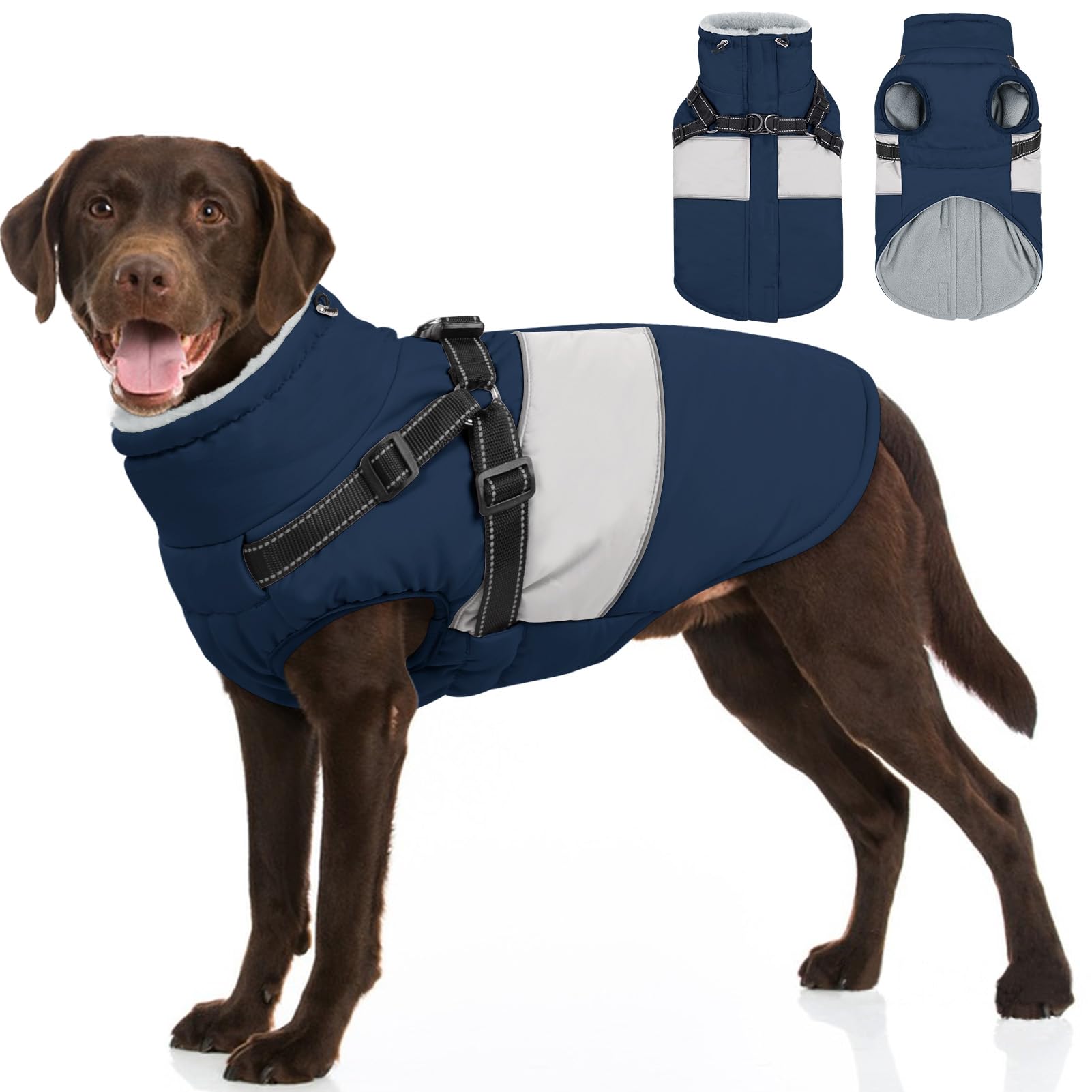 Sunfura Dog Coat For Large Dogs, Warm Pet Jacket Winter With Harness Built In, Waterproof Pet Snow Jacket With Furry Collar, Ref