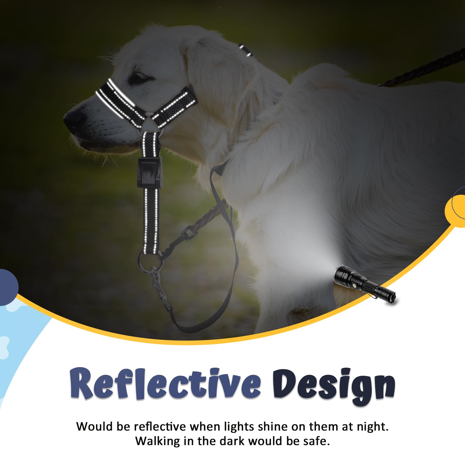 Barkless Dog Head Collar, Soft No Pull Head Halter, Reflective Muzzle Leash With Safety Link, Adjustable Headcollar, Padded Nose
