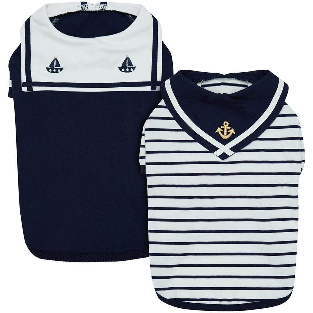 Blueberry Pet Soft & Comfy Summer Vacation Beach Cotton Dog T-Shirts, Navy Blue, 2 Pack, Sailor Suit Shirts Tank Top Clothes, Ba