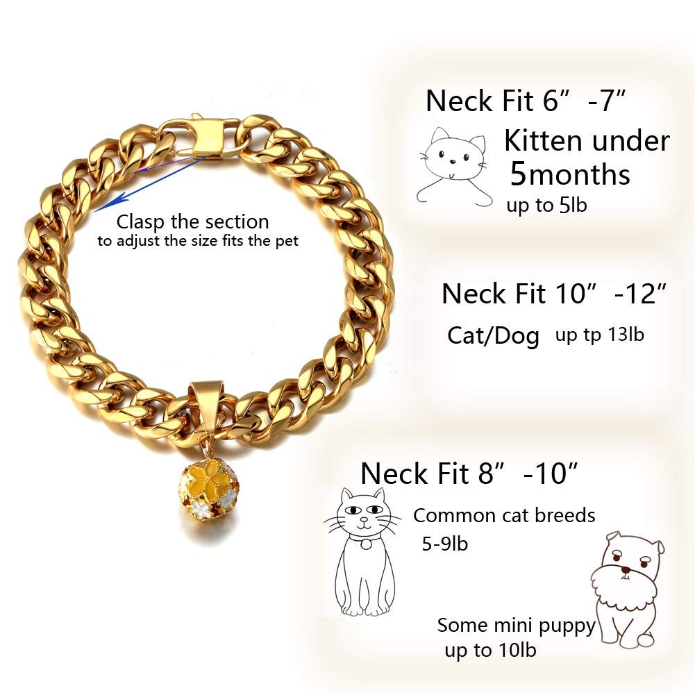 18K Gold Cat Dog Collar Kitten Puppy Wide Stainless Steel Kitten Choker Curb Chew Proof Cuban Link 1/2Inch Chain With Clover Bel