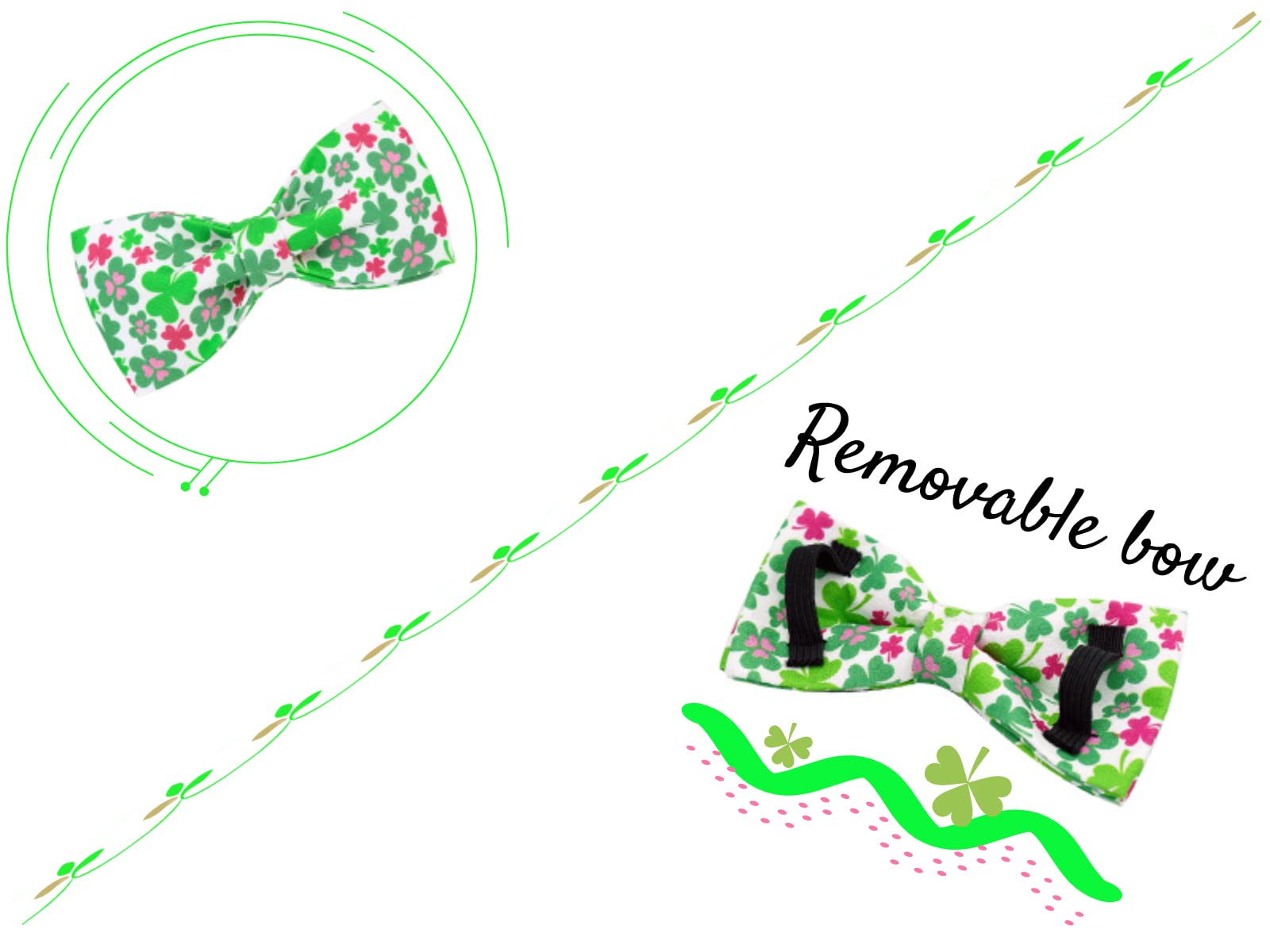 Elegant Little Tail Dog Collar With Bow, Lucky Clover Bow Tie Dog Collar, Cute Dog Bowtie Pet Gift Dog Collar For Small Dogs