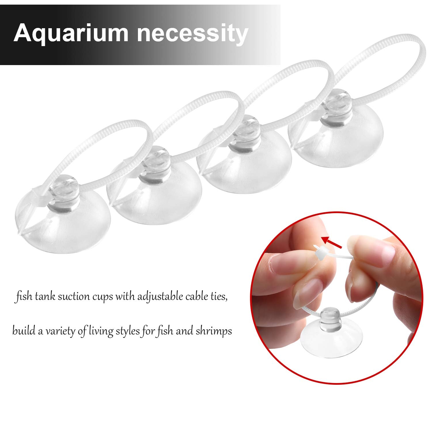 FEBSNOW Aquarium Suction Cups with 30 PCS Adjustable Cable Ties, Transparent, Model 7904, Ideal for Plants and Shrimp Nests