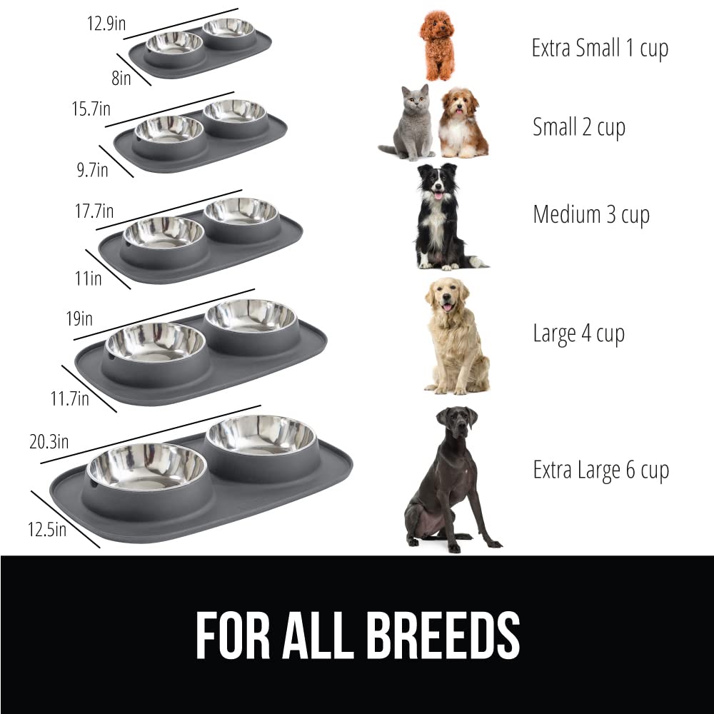 Gorilla Grip 100% Waterproof BPA Free Cat and Dog Bowls Silicone Feeding Mat Set, Stainless Steel Bowl Slip Resistant Raised Edg