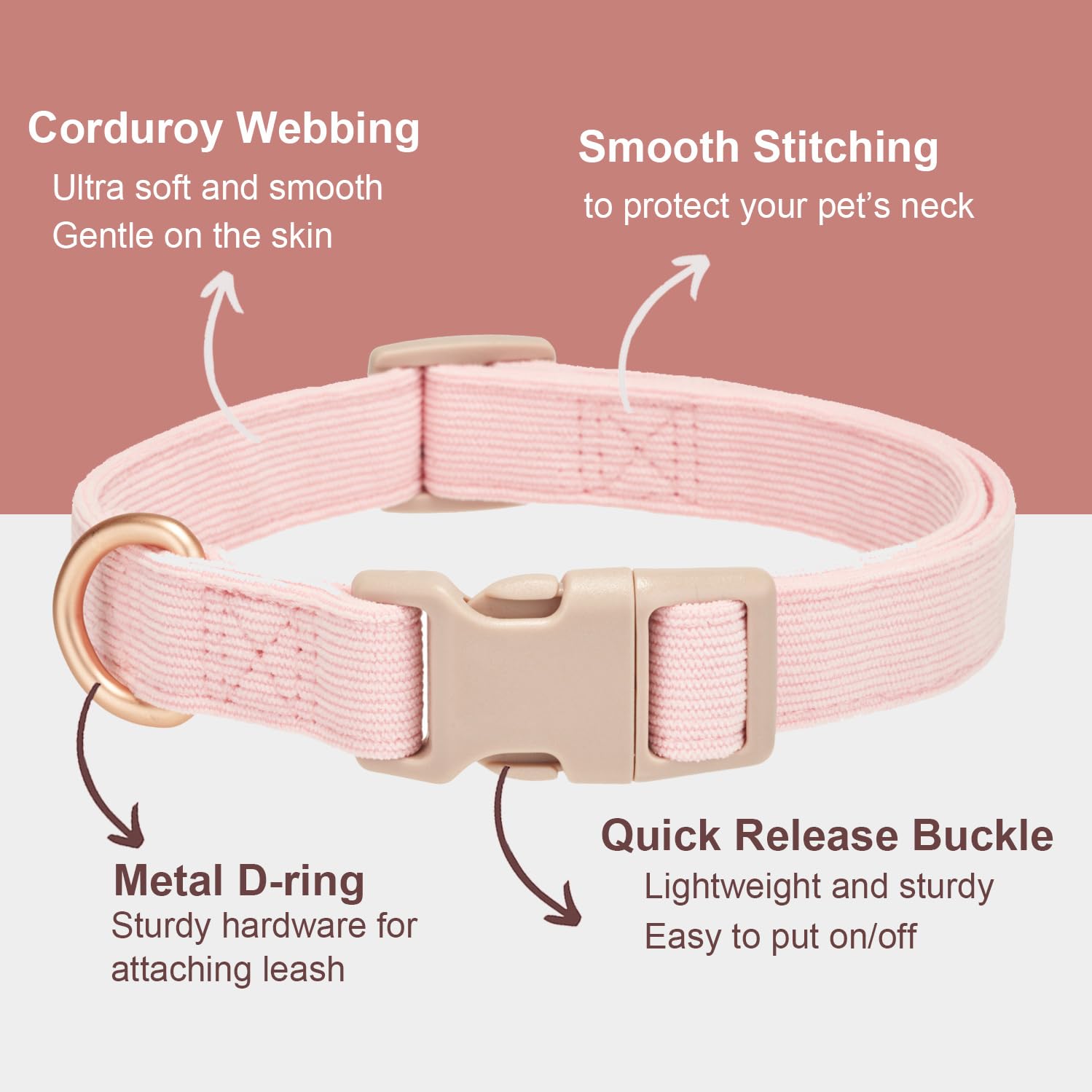 Yudote Soft Cotton Dog Collar Adjustable Corduroy Dog Collars For Small Medium Large Female Dogs(Pink,Large)