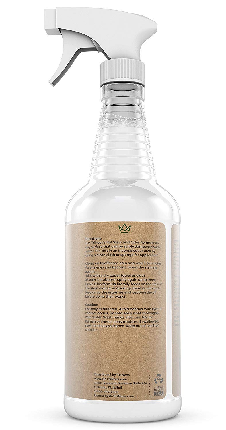 Trinova Natural Pet Stain And Odor Remover Eliminator - Advanced Enzyme Cleaner Spray - Remove Old & New Pet Stains & Smells For Dogs & Cats - All-Surface Safe - 32 Oz