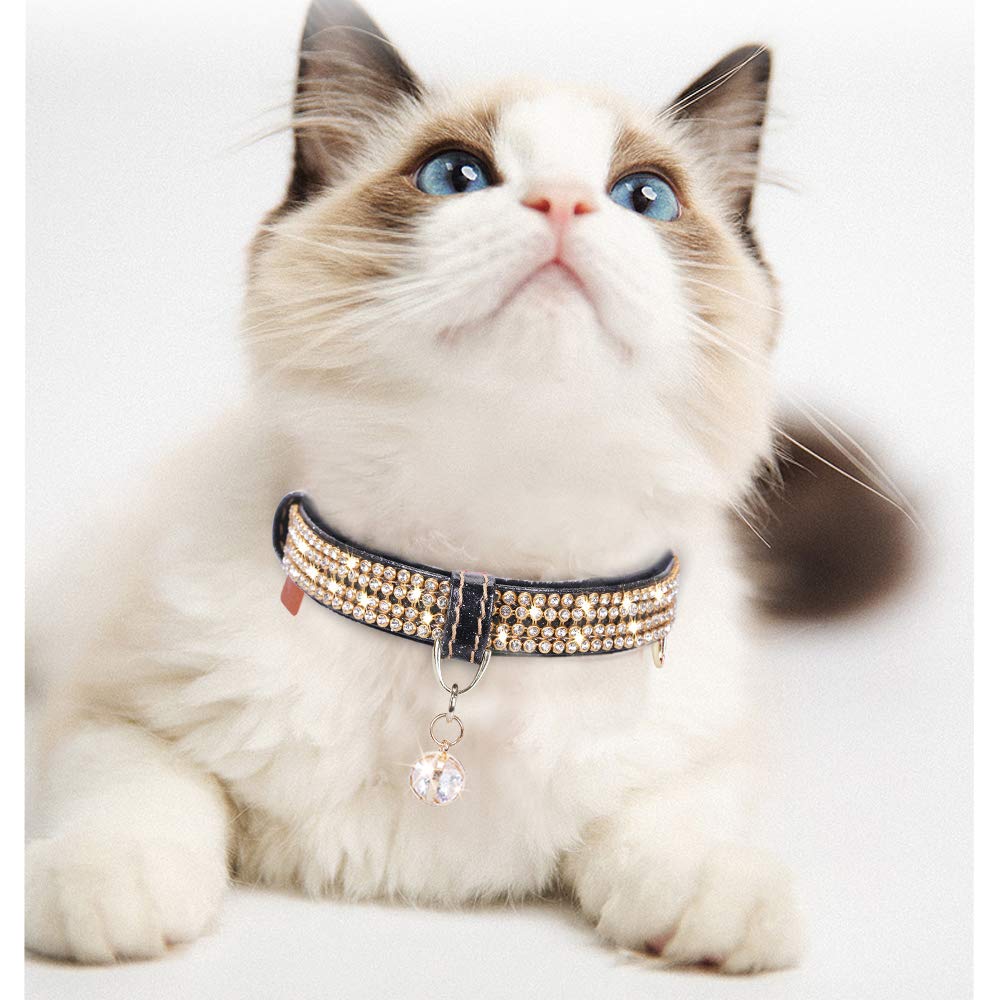 Petshome Cat Collar, Dog Collar, [Bling Rhinestones] Premium Pu Leather With Pendant Adjustable Collars For Big Cat And Small To Medium Dog Small Black