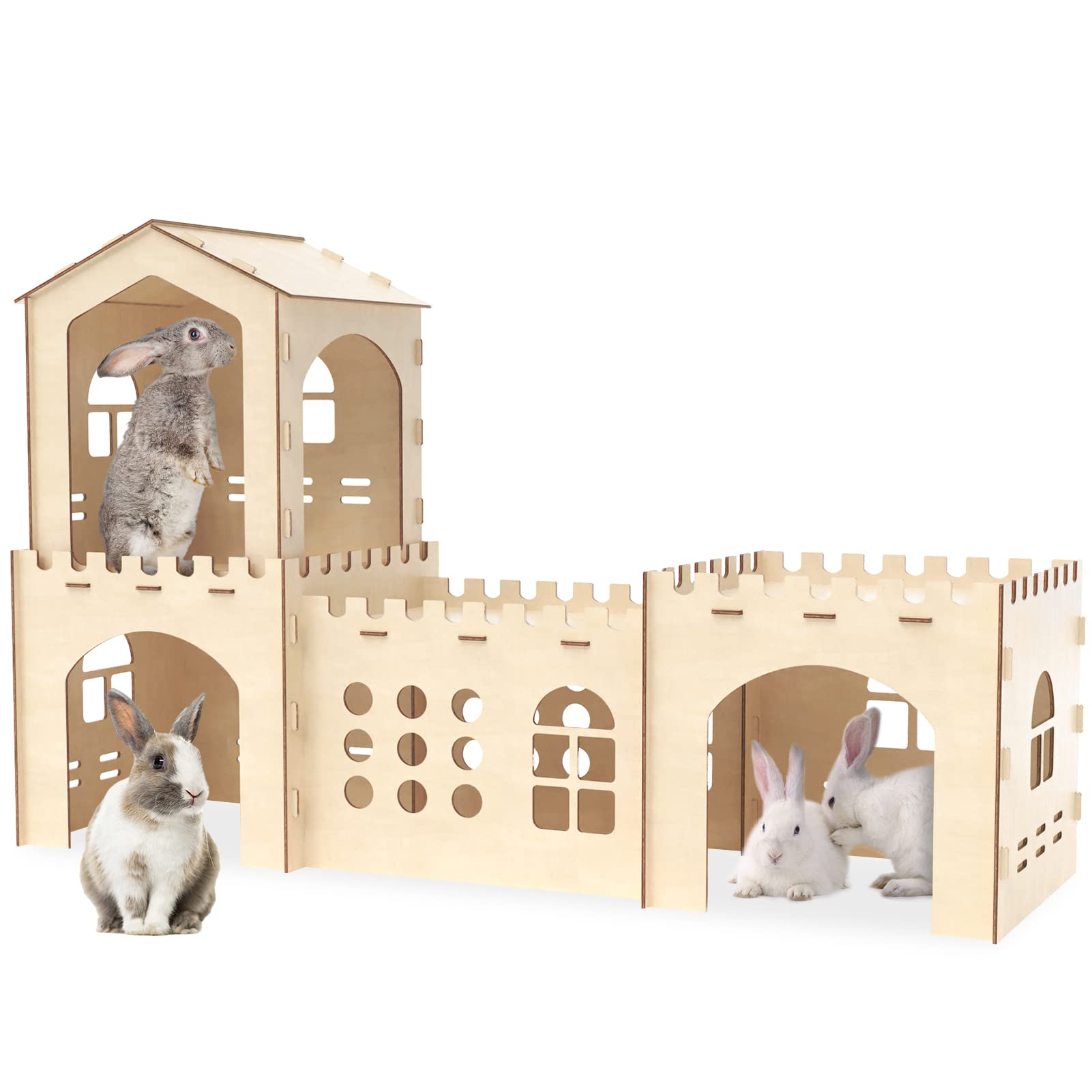Woiworco Extra Large Rabbit Hideout, Wooden Rabbit Castle Bunny Spacious Breathable Hideouts For Indoor Bunnies, Hamsters And Gu