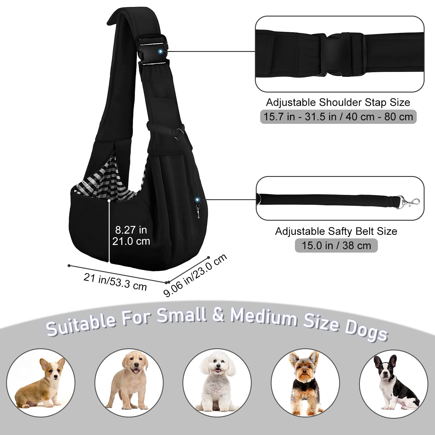PETLOFT Reversible Dog Cat Sling Carrier - Adjustable Hands-Free Crossbody for Pets up to 11lb, Black, 21L x 9.1W x 8.3H