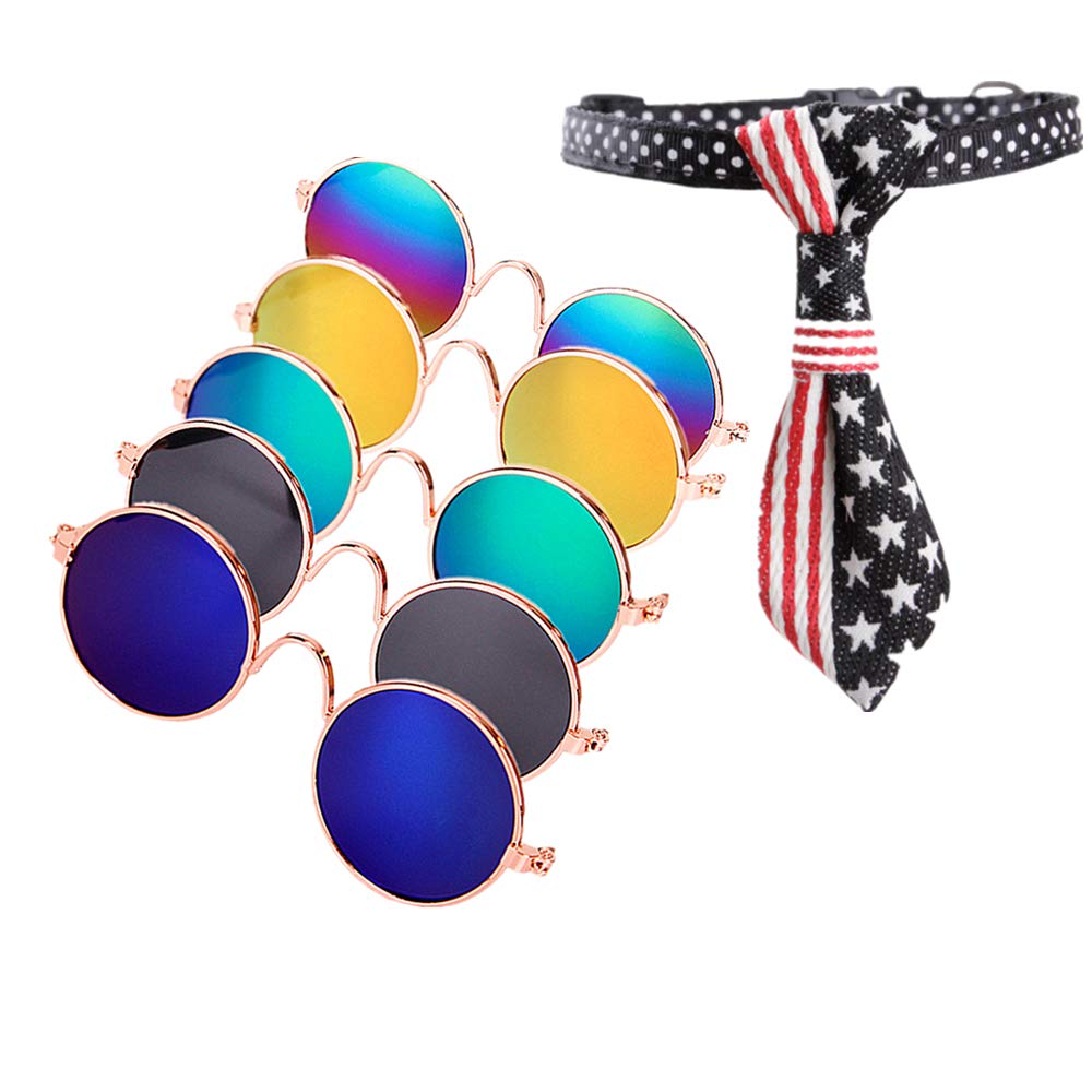 Dplus Cool Stylish And Funny Cute Pet Sunglasses - Glasses Set Of 5 - Classic Retro Circular Metal Prince Sunglasses For Cat,Chihuahua Or Small Dogs (With Tie)