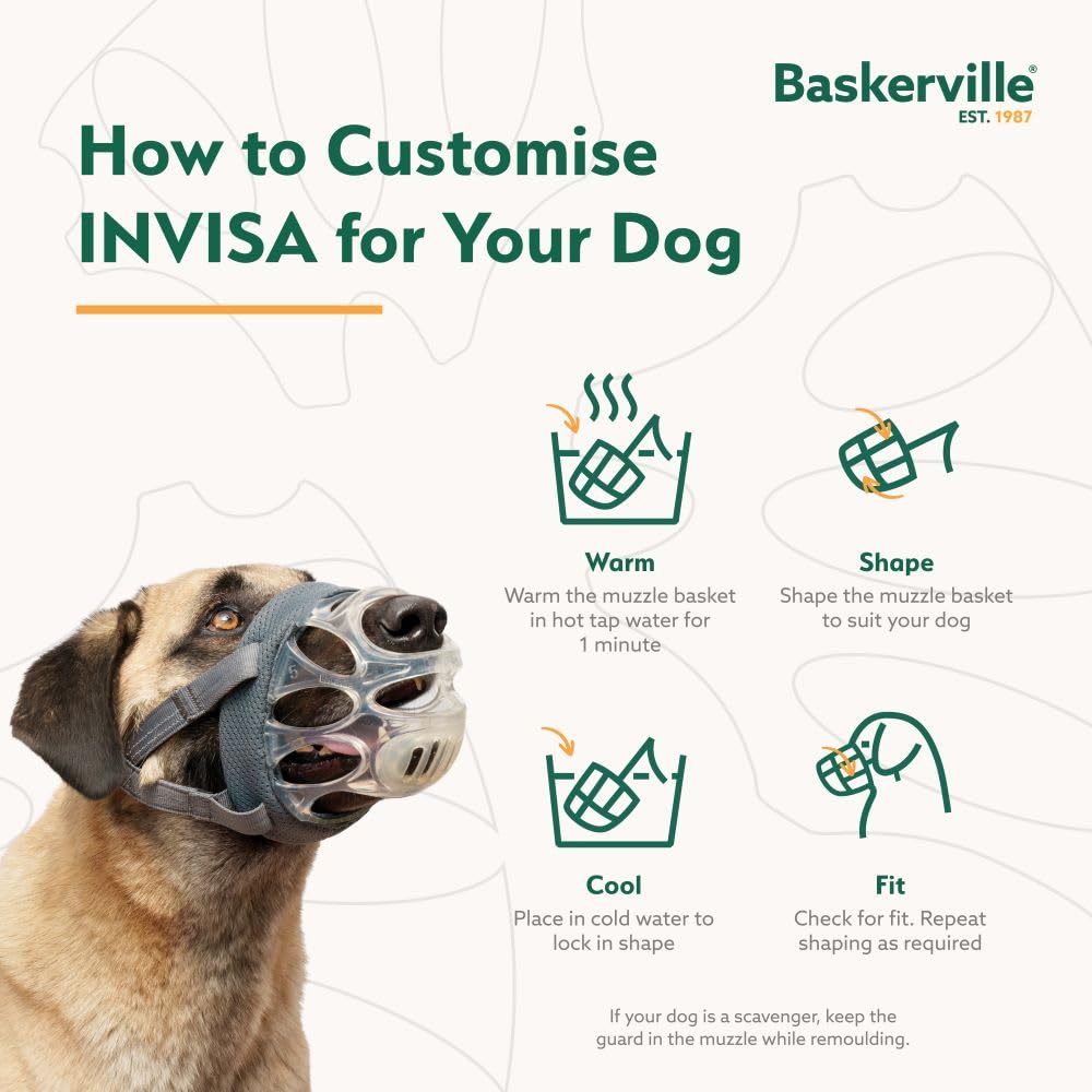 Baskerville INVISA Basket Dog Muzzle - Patented Humane Design with Facial Visibility, Padded Nose Band, Dog can Pant and Drink,