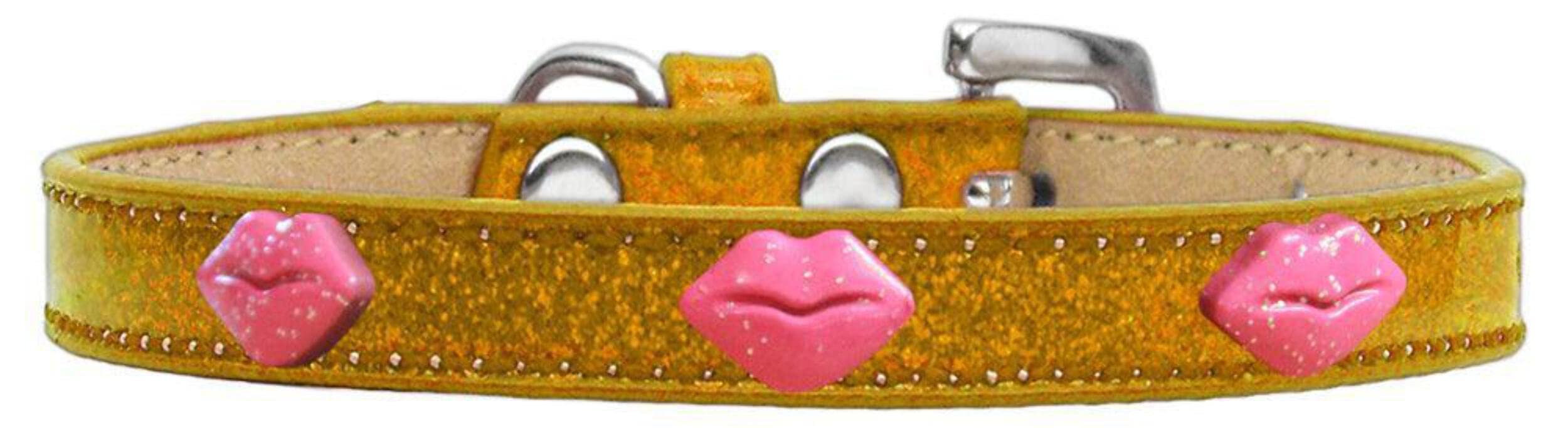 Dog, Puppy & Pet Widget Ice Cream Collar, &quot;Pink Glitter Lips&quot; Gold 16