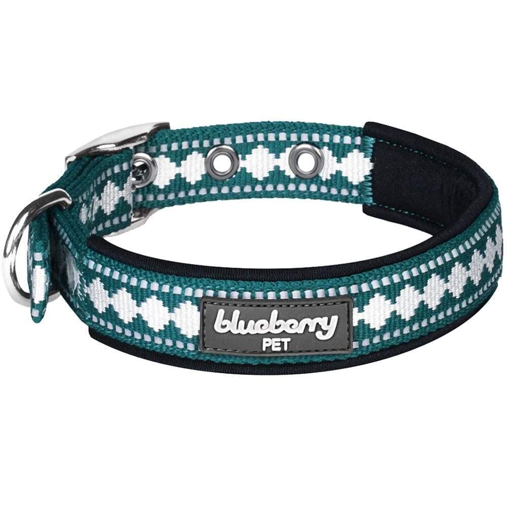 Blueberry Pet 3M Reflective Neck 9-12.5'' Jacquard Neoprene Padded Dog Collar With Metal Buckle - Teal Blue, For Small Breed