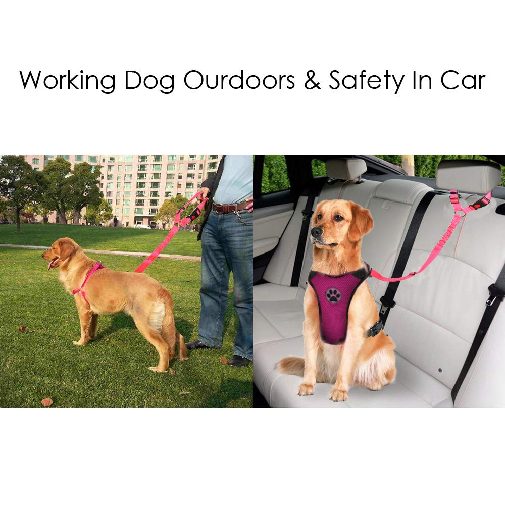 Lukovee Dog Car Seat Belt, 2 Pack Headrest Restraint Seatbelt, Adjustable Pet Safety Leads With Reflective Elastic Bungee For Dog Harness Collar Travel Daily Use (Fluorescent Pink,Headrest)