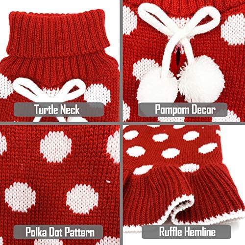 Kyeese Red Dog Sweaters Dress With Leash Hole Polka Dot Dog Sweater Knit Warm Doggie Sweaters With Pom Pom Ball For Fall Winter